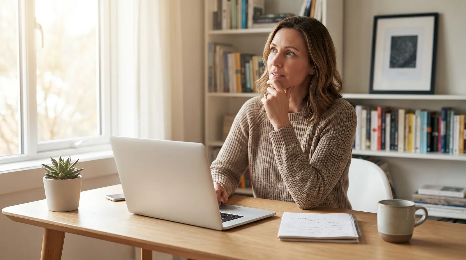 A solo agency owner working at a clean home-office desk with a laptop open, conveying the solo operator decision around enabling GHL SaaS Mode.