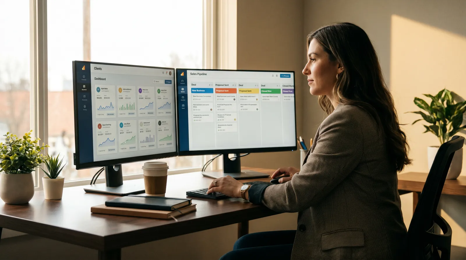 An agency owner managing multiple client accounts on a desktop monitor showing a marketing agency dashboard, conveying the day-to-day operations of running a Go High Level agency.