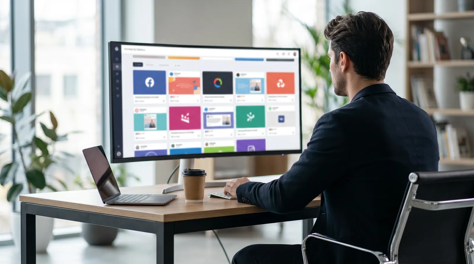 A Go High Level agency dashboard showing multiple sub-accounts, each with its own brand colors and social media content previews, on a modern agency owner's monitor.