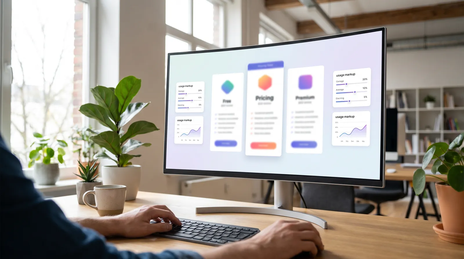 A GoHighLevel agency dashboard showing SaaS Mode plan configuration with multiple pricing tiers and rebill markup settings on a clean desktop monitor.